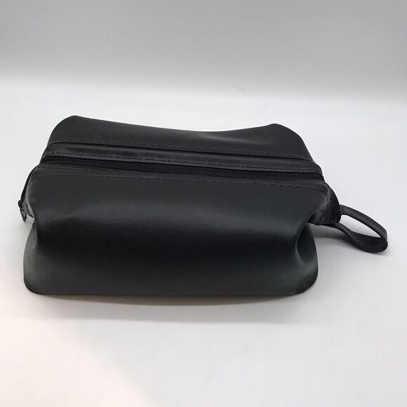 Men's Black Split Leather Zipper Top Pop Up Shaving Kit Toiletry Travel Case - Picture 2 of 8